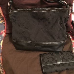 COACH Black, Leather and Canvas, Lg Shoulder Tote